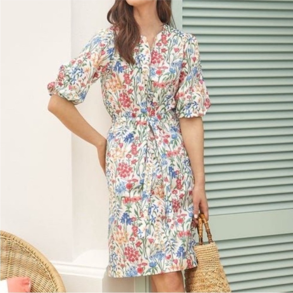 J. McLaughlin spring floral cotton pull on dress, drawstring waist long sleeves - Picture 3 of 12